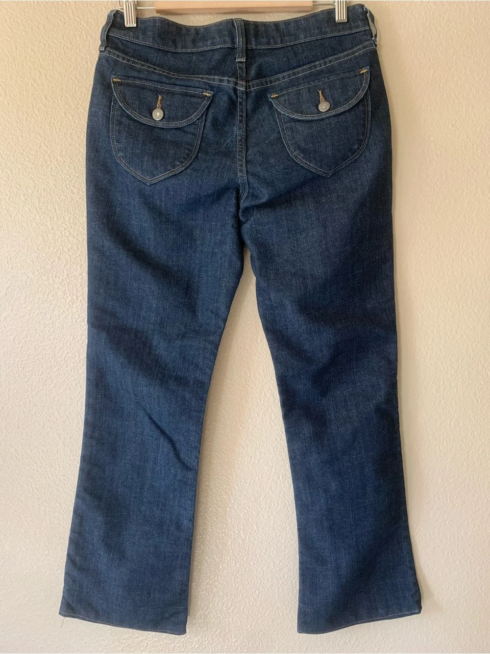 Bootcut Jeans 8P Classic Rise Dark Blue Denim Yellow Floral Cuff y2k Western